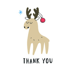 Cute deer. Thank you. Greeting card for Christmas card. Vector illustration on white background.