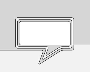 One line drawing of speech bubble, Black and white vector minimalistic linear shape made of continuous line rectangular with round corners on grayscale background
