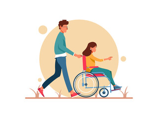 World disability day. Man and woman in wheelchair walking. Female character undergoing rehabilitation after trauma or disease. Character Illustration