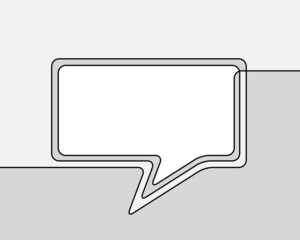 One line drawing of speech bubble, Black and white vector minimalistic linear shape made of continuous line rectangular with round corners on grayscale background