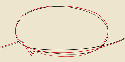 Speech bubble continuous two line drawing black and red ink, Line art drawing simple comic text box, Vector illustration