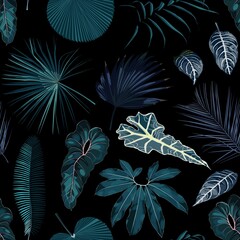 Fashionable seamless tropical pattern with blue tropical exotic leaves on a black background. Beautiful exotic plants. Trendy summer Hawaii print.  © Iuliia