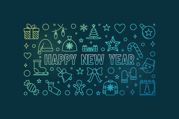 Happy New Year vector colored outline horizontal illustration