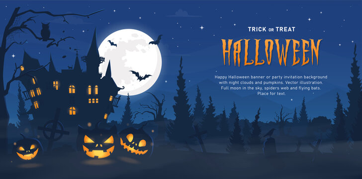 Vector mystical illustration. Background fog on background full moon with silhouettes of scary characters pumpkin, zombie hand. Halloween party graphics design.