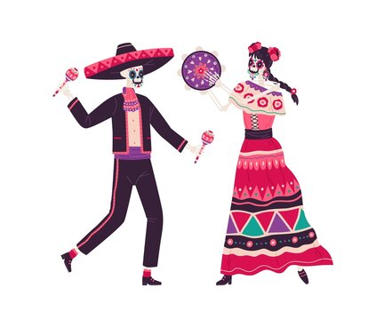 Couple of happy Mexican skeletons in holiday costumes for Day of Dead. Catrina and skull man dance and play music with maracas and tambourine. Flat vector illustration isolated on white background