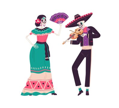 Couple of Mexican skeletons in costumes dance and play music on Day of Dead. Catrina in dress and man with skull in sombrero at Death holiday. Flat vector illustration isolated on white background