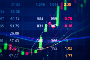 Abstract financial trading graphs and digital number of foreign exchange market trading on monitor. Background of gold and blue digital chart to represent stock market trend.