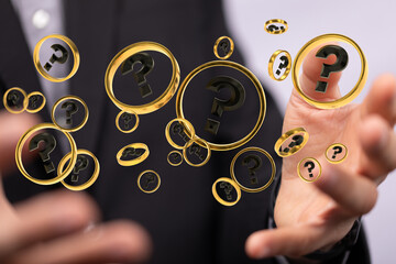 Businessman solving problem with digital question marks 3D rendering
