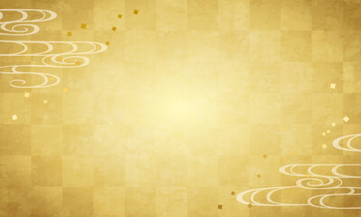 金色の雲と金箔の和風の市松模様のベクターイラスト背景