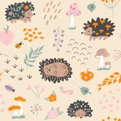 Foto op Aluminium Hedgehogs pattern. Vector background. Seamless pattern with forest plants, dots, arcs, apples,  mushrooms, leaves, flowers, branches. Baby print © Viktoria Skripkina