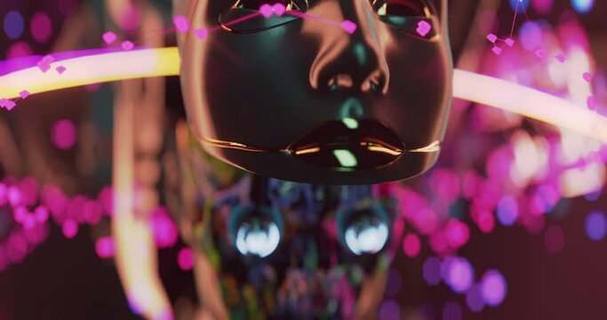 Artificial intelligence Assembling a futuristic cyborg in virtual environment, digital crypto blockchain technology, female face robot with digital skull inside, glowing background 