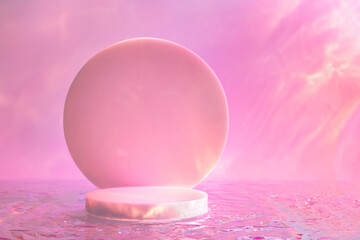 Abstract surreal scene - empty stage with cylinder podium and circle shape on holographic pastel pink colored background. Pedestal for cosmetic, beauty product, packaging mockups display presentation