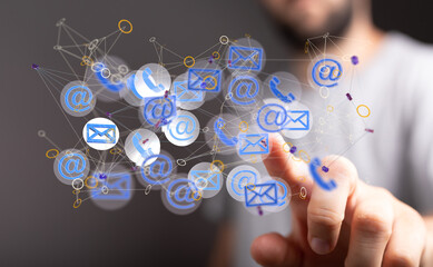 Abstract virtual postal envelopes sketch on blurry office buildings background, e-mail and marketing