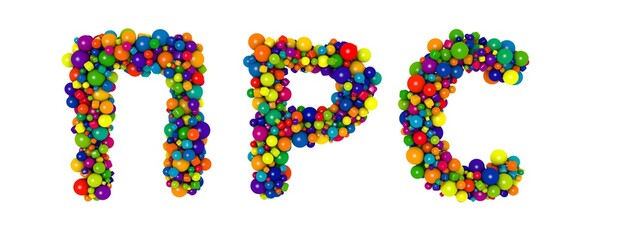 Multicolored russian alphabet letters P R S. Funny 3D illustration. Glossy multicolored decorative balls text.