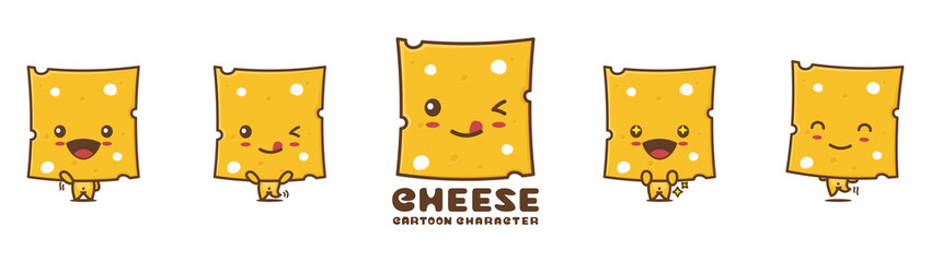 cute cheese slice mascot, with different facial expressions and poses