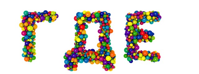Multicolored russian alphabet letters G D E. Funny 3D illustration. Glossy multicolored decorative balls text.