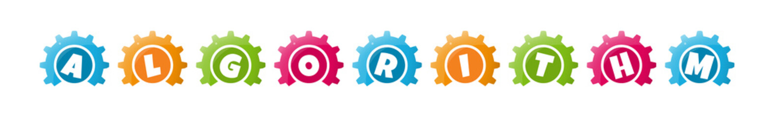 Algorithm - text written inside colorful gears on white background