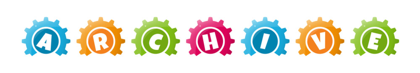 Archive - text written inside colorful gears on white background