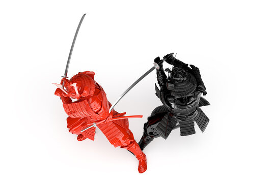 Black and Red fighting samurai warriors. Isolated. 3D Rendering