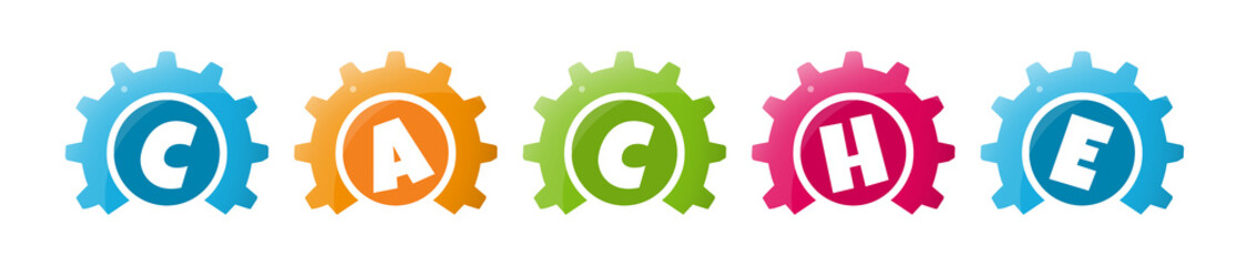 Cache - text written inside colorful gears on white background © Hepta