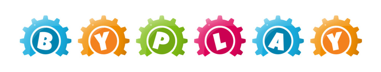 Obraz premium Byplay - text written inside colorful gears on white background