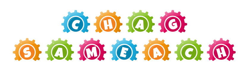 Chag Sameach - text written inside colorful gears on white background