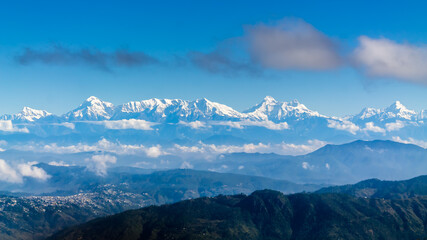 Distant view of the majestic Himalayan range from KMVN Mukteshwar, Tourist Rest House, Uttarakhand