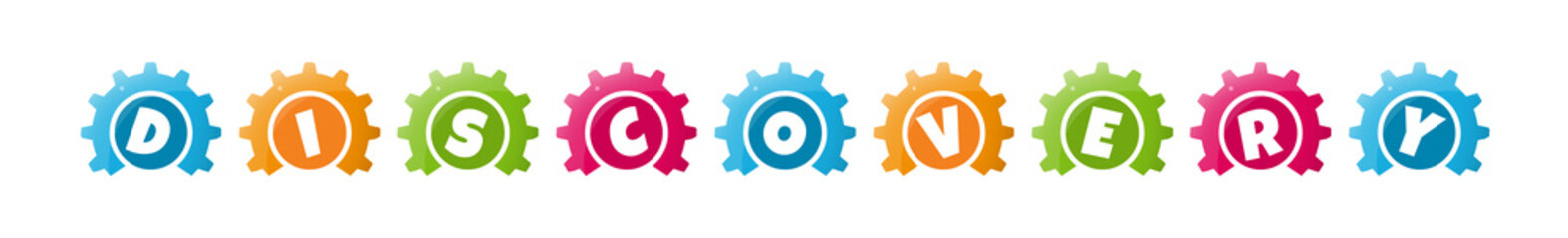 Discovery - text written inside colorful gears on white background
