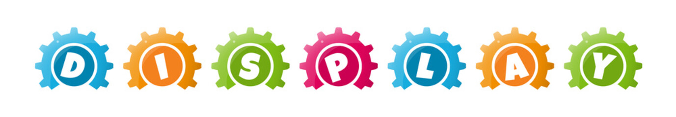 Display - text written inside colorful gears on white background