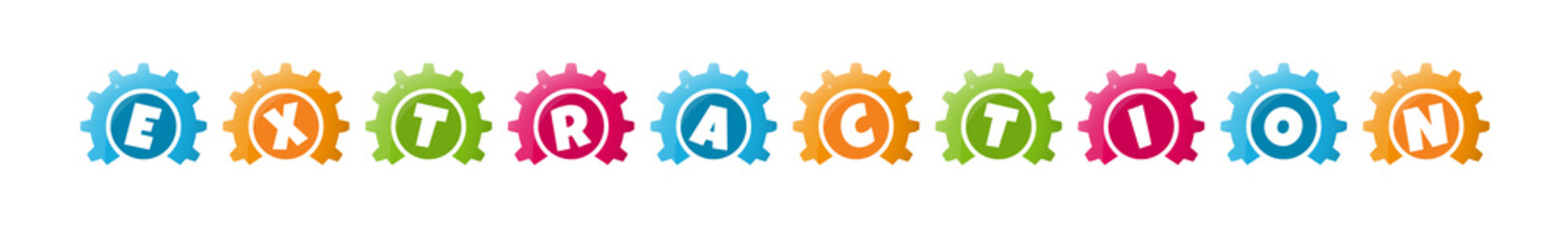 Extraction - text written inside colorful gears on white background