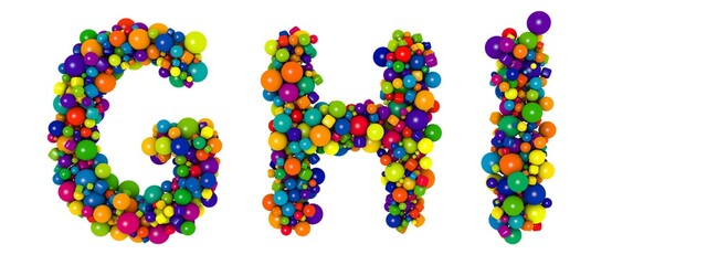 Multicolored letters G H I. Funny 3D illustration. Glossy multicolored decorative balls text.