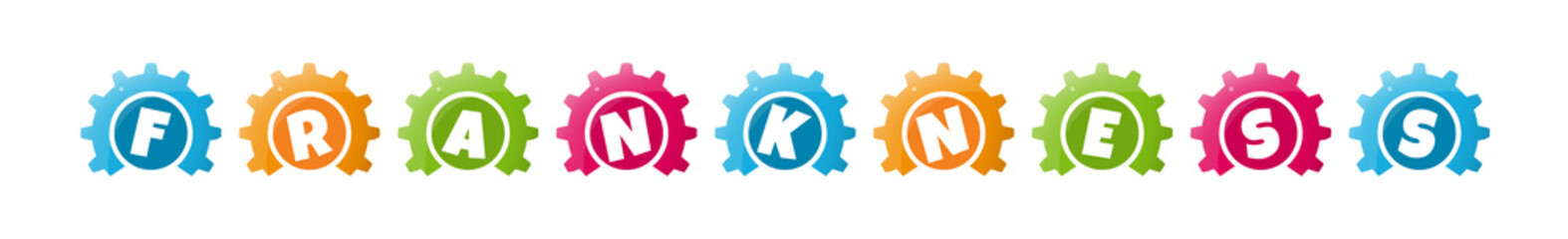 Frankness - text written inside colorful gears on white background