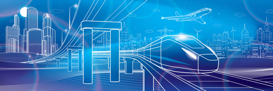 Outline road bridge. Car overpass. Train rides. Airplane fly. Modern town. City Infrastructure and transport illustration. Urban scene. Vector design art. White lines on blue neon background