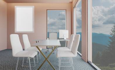 Open space office interior with like conference room. Mockup. 3D rendering.. Blank paintings.  Mockup.