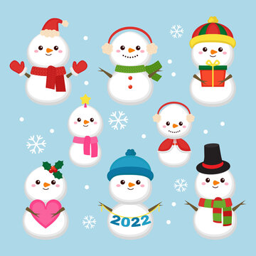 Cute Christmas snowman character collection set. Flat vector cartoon design