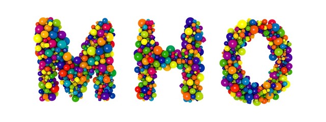 Multicolored russian alphabet letters M N O. Funny 3D illustration. Glossy multicolored decorative balls text.