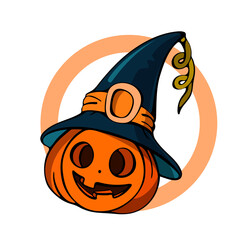 Cartoon halloween pumpkin wearing witch hat isolated