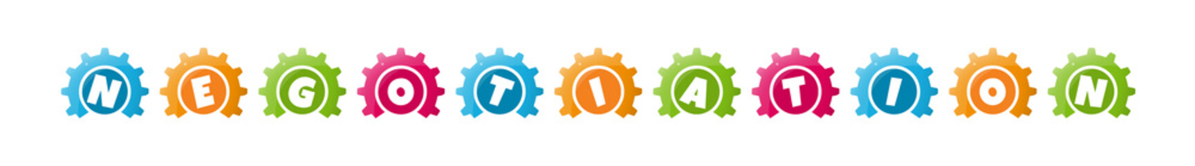 Negotiation - text written inside colorful gears on white background