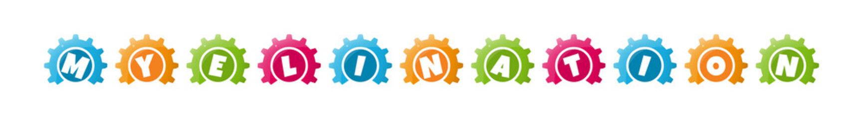 Myelination - text written inside colorful gears on white background