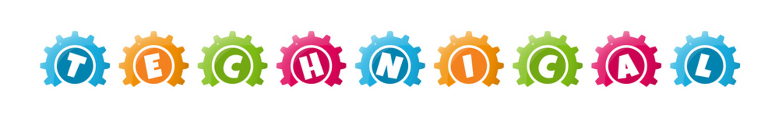 Technical - text written inside colorful gears on white background