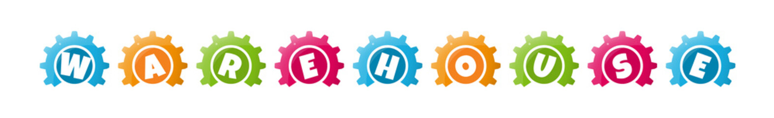 Warehouse - text written inside colorful gears on white background