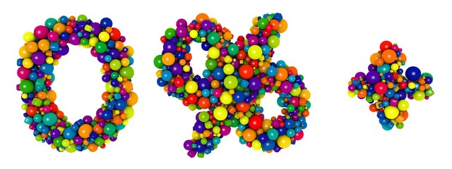 Multicolored letters number 0. Funny 3D illustration. Glossy multicolored decorative balls text.