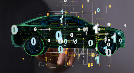 Hologram auto, futuristic polygonal model auto.