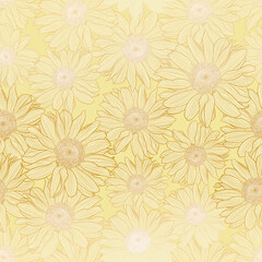 Vector seamless pattern of chamomile flowers in light yellow pastel colors with bronze outline. Decorative print for wallpaper, wrapping, textile, fashion fabric or other printable covers.