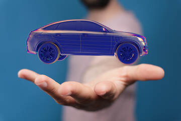 Hologram auto, futuristic polygonal model auto.