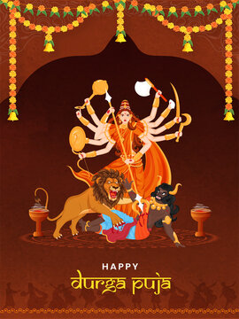 Hindu Mythological Goddess Durga With Dhunuchi And Floral Garland Decorated Brown Background For Happy Durga Puja Celebration.