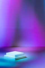 Abstract surreal scene - empty stage with two rectangle white podiums lying on pastel neon...