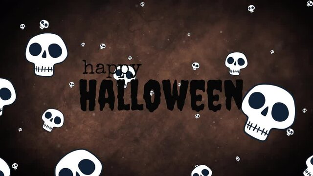 Animation of happy halloween text over skulls falling on brown background