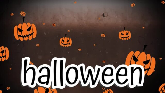 Animation of halloween text over pumpkins falling on black background
