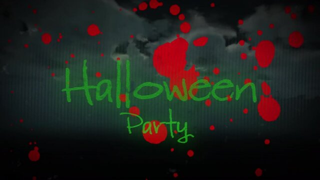 Animation of halloween party text over blood stains and clouds on sky